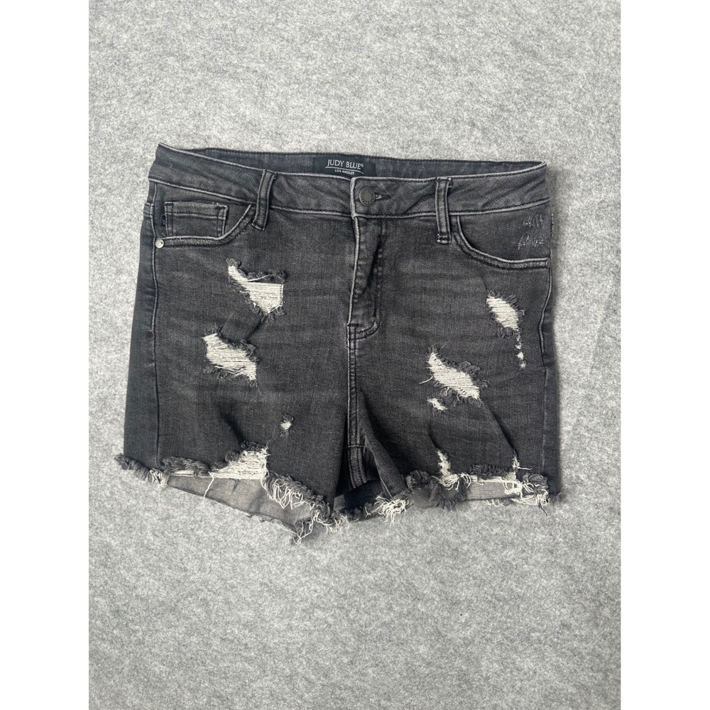 Judy Blue Womens Distressed Black Denim Shorts High Rise Raw Hem JB150004 Size L